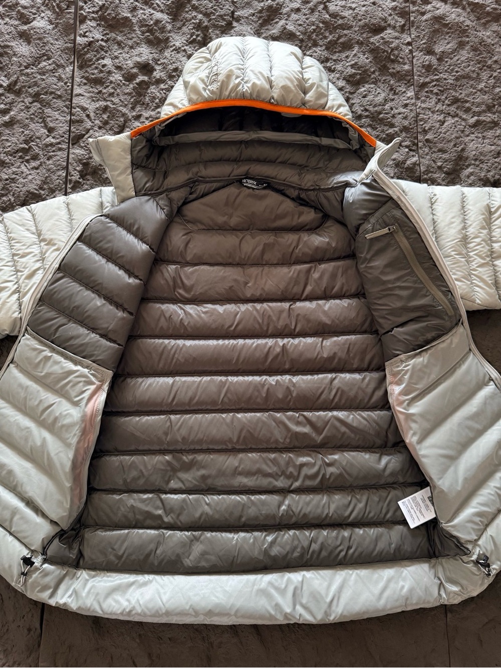 Arc'teryx Light Gray Hooded Down Puffer with Orange Trim - Picture 3 of 9